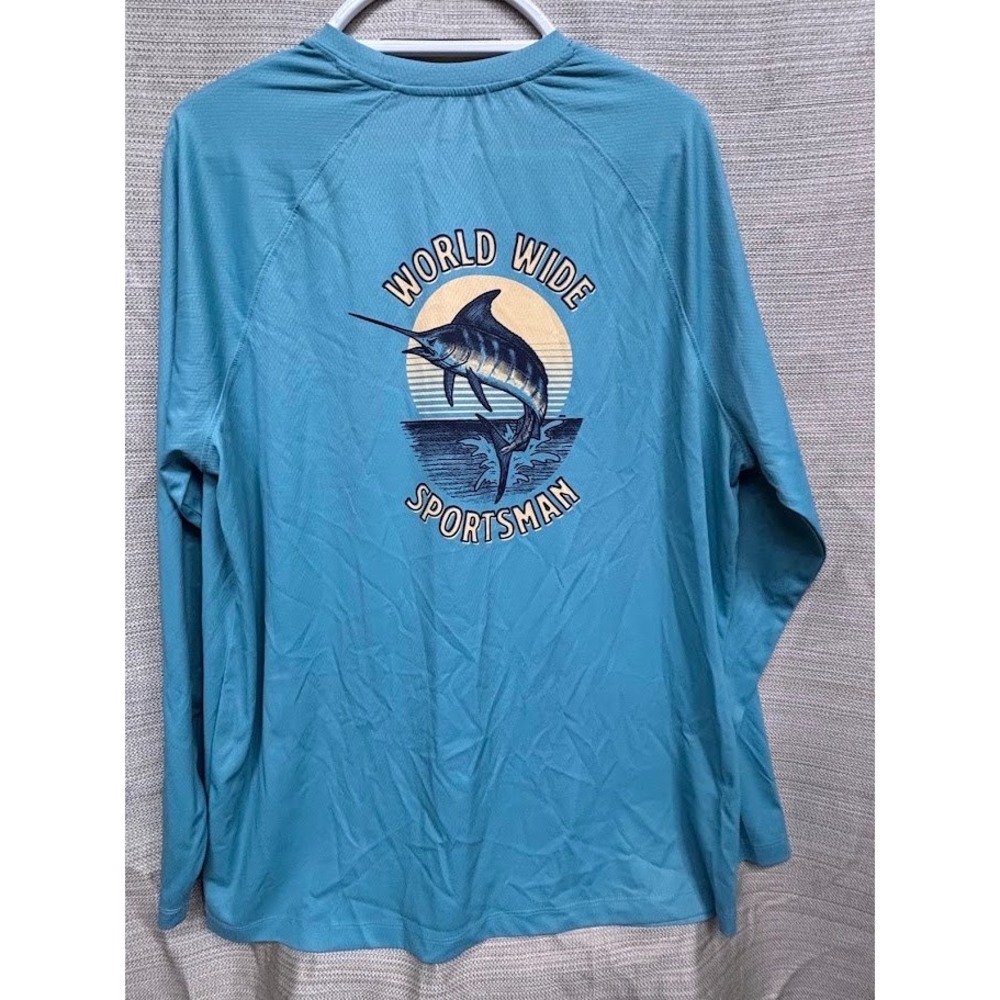 World Wide Sportsman Mens XL Teal Blue Marlin Graphic Performance Fishing Shirt